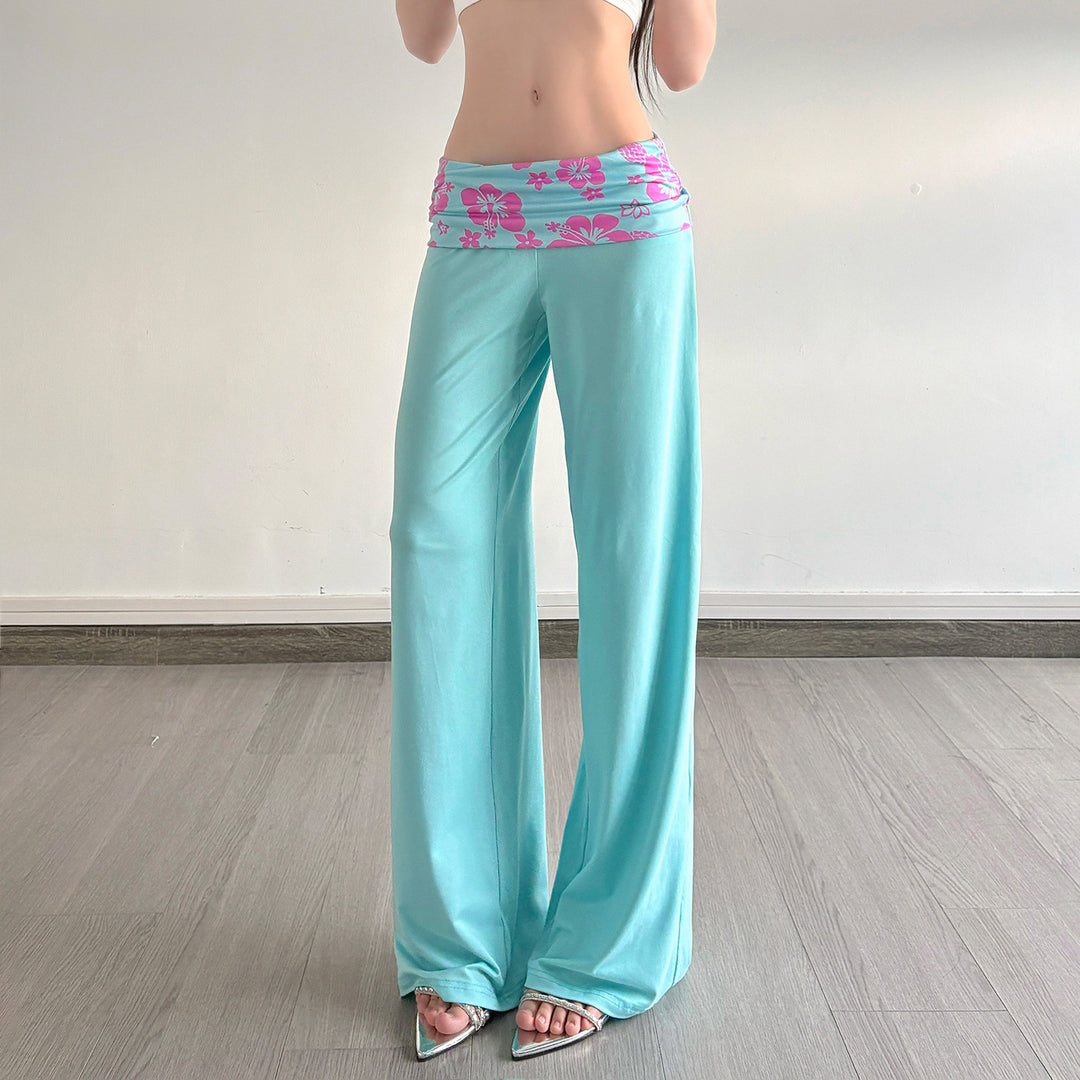 Damen nan weite Yoga-Palazzohose mit Umschlagbund und hoher Taille EB