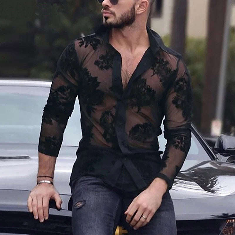 Damen transparente Bluse mit floralem Spitzenmuster EB