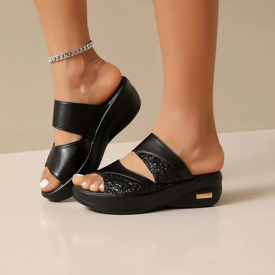 Damen glamouröse Wedge-Pantoletten mit Glitzerakzenten EB