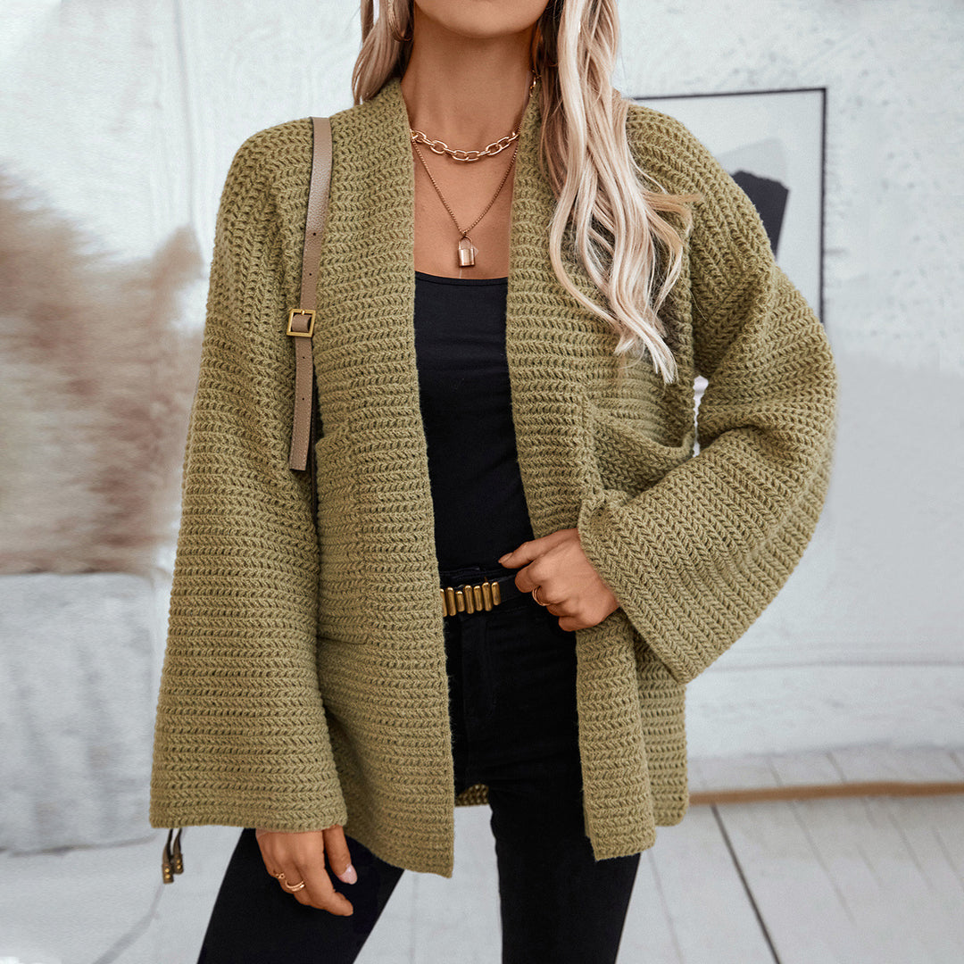 Damen luftige Strickjacke mit großen Taschen und offenen Ärmeln EB