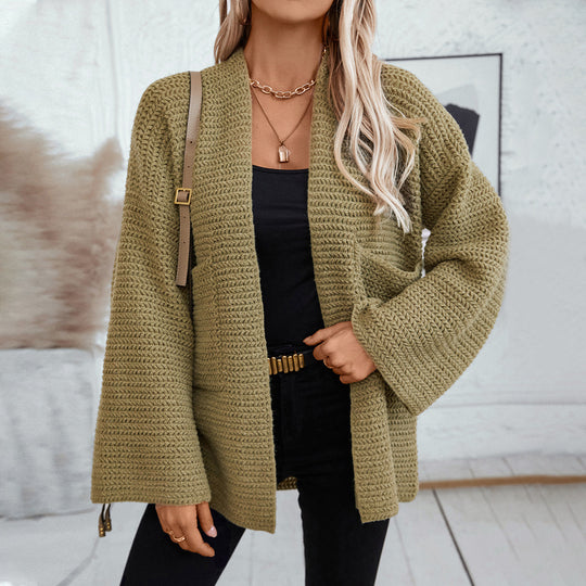 Damen luftige Strickjacke mit großen Taschen und offenen Ärmeln EB