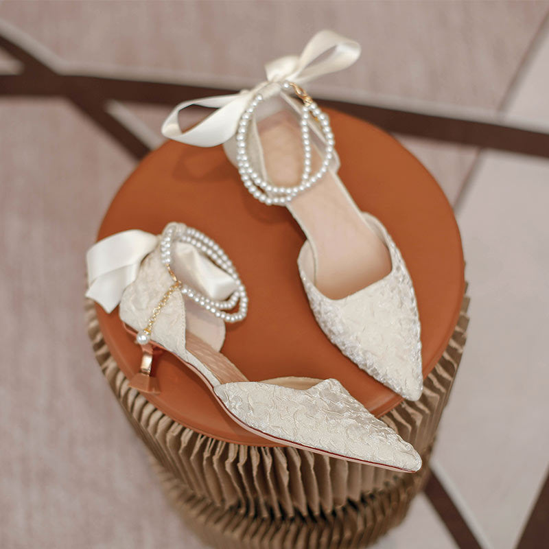 Damen elegante spitze Slingback-Pumps mit luxuriösem Perlenschmuck EB