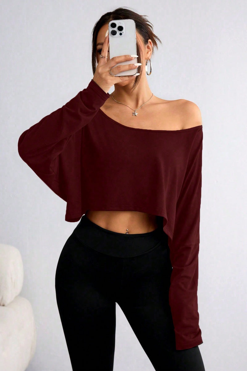 Damen lässiges Oversized Langarm-Shirt mit asymmetrischem Saum und U-Boot-Ausschnitt EB
