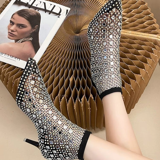 Damen elegante Netz-Stiefeletten mit funkelnden Strassverzierungen EB