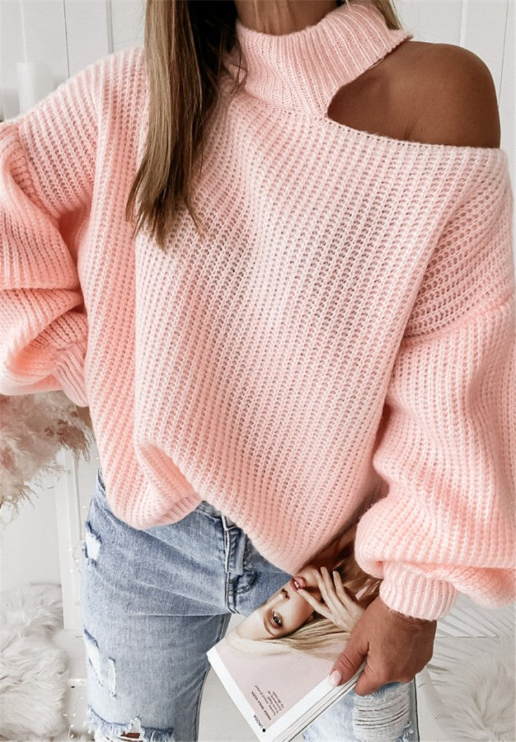 Damen lässiger Strickpullover mit asymmetrischem Schulterdesign und hohem Kragen EB