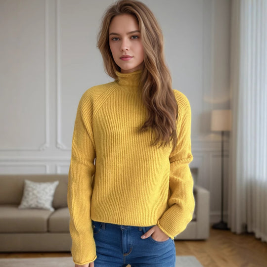 Damen Pullover mit hohem Kragen und strukturiertem Strickmuster EB