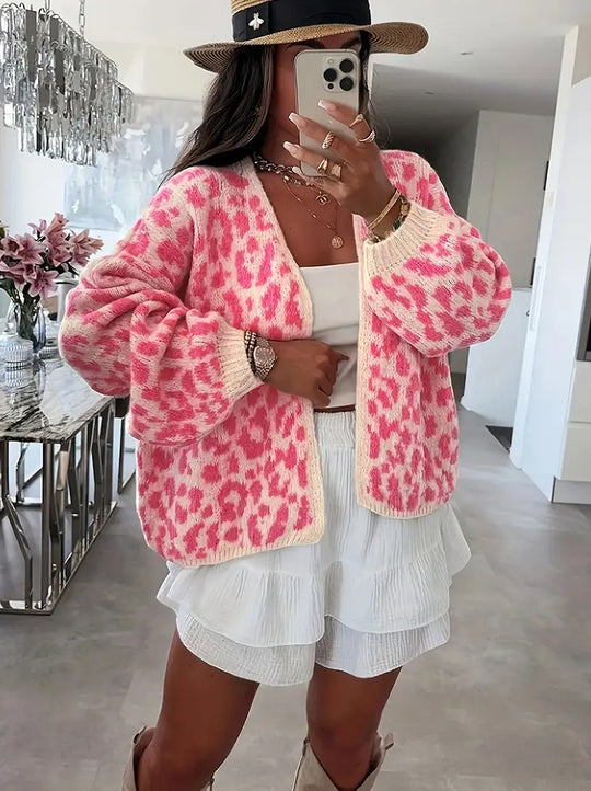 Damen lässiger Strickcardigan mit elegantem Leopardenmuster EB