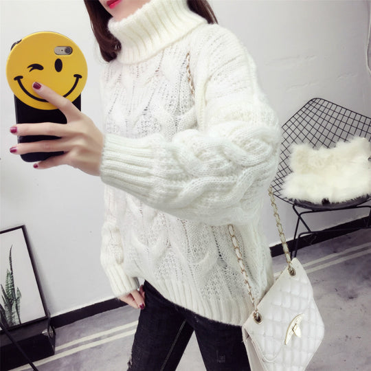 Damen Grobstrickpullover mit hohem Kragen und elegantem Zopfmuster EB
