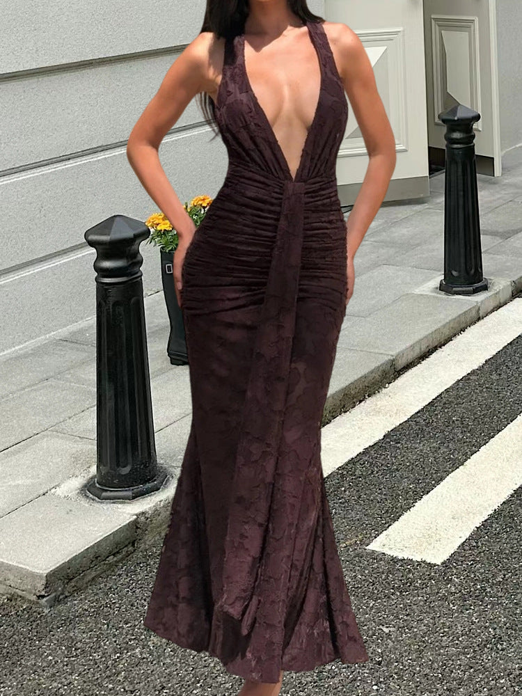 Damen Elegantes Maxikleid mit tiefem V-Ausschnitt und gerafftem Design EB