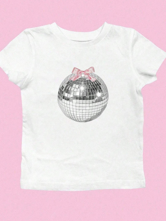 Damen T-Shirt mit funkelndem Discokugel-Motiv und zeitgemäßem Schleifendetail EB