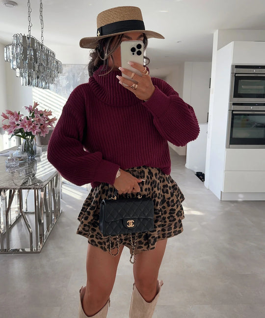 Damen Strickpullover mit hohem Kragen und voluminösen Ärmeln EB