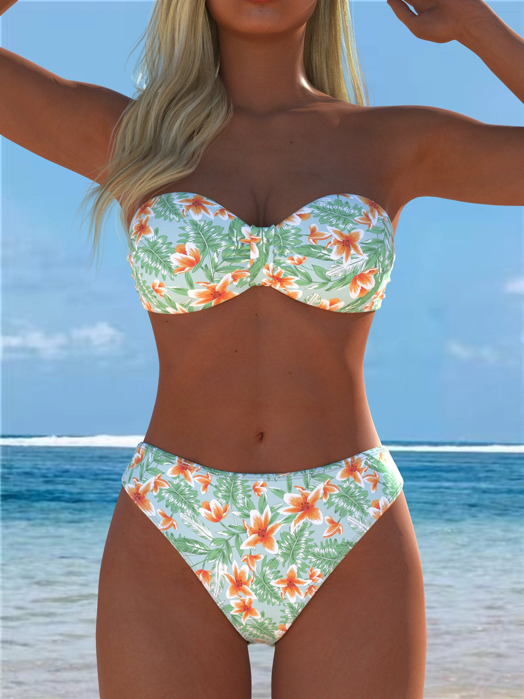 Damen Bandeau-Bikini mit einzigartigem Federmuster und hohem Taillenschnitt EB