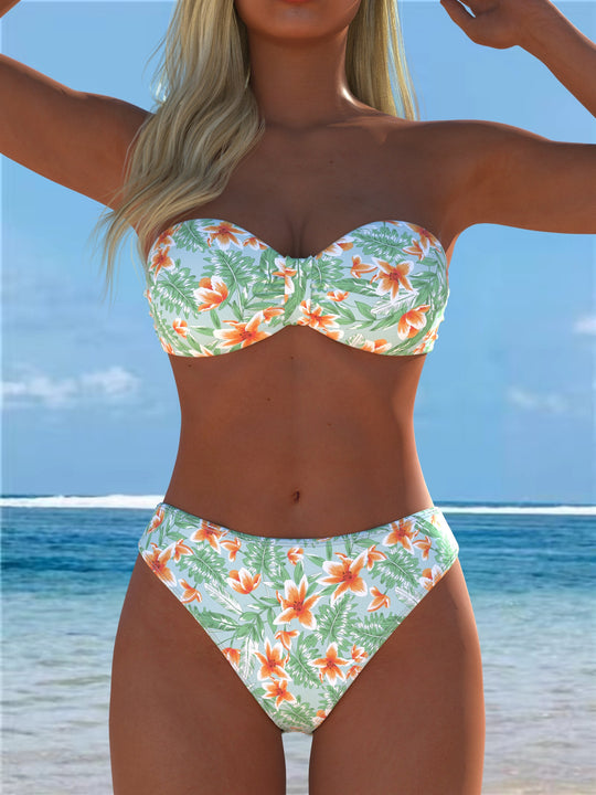 Damen Bandeau-Bikini mit einzigartigem Federmuster und hohem Taillenschnitt EB
