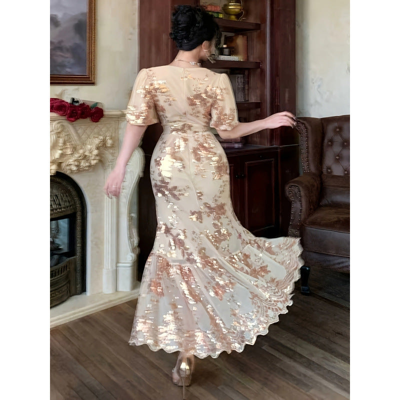 Damen Festliches Maxikleid mit funkelnden Pailletten und exquisiten Blumendetails EB
