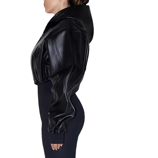 Damen Modische cropped Kunstlederjacke EB