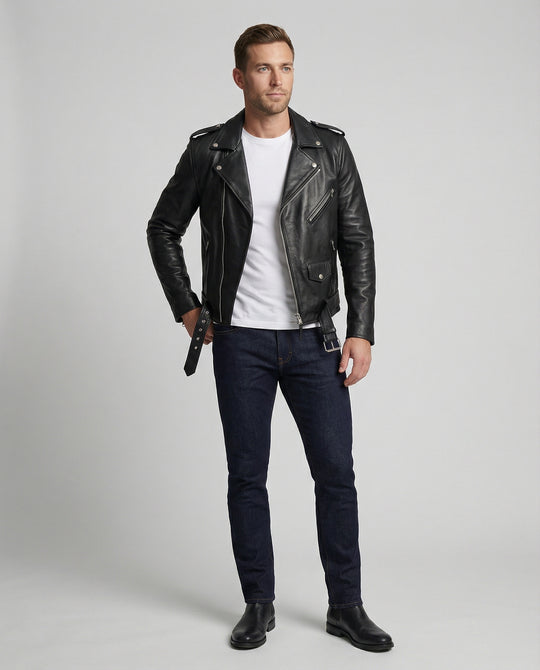 Herren Kunstleder Bikerjacke mit asymmetrischem Reißverschluss