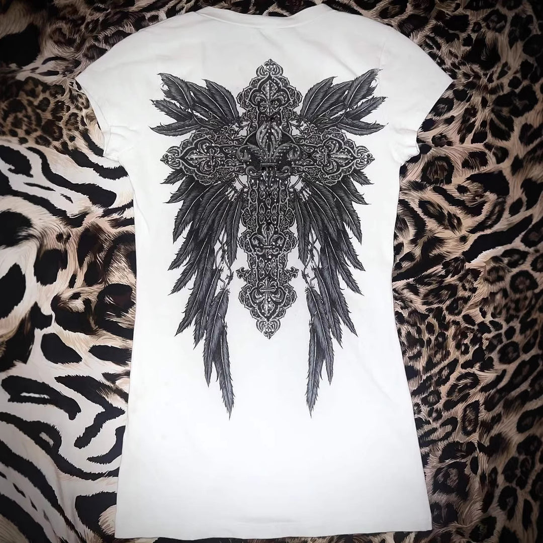 Damen V-Ausschnitt T-Shirt mit kunstvollem Kreuzdesign EB
