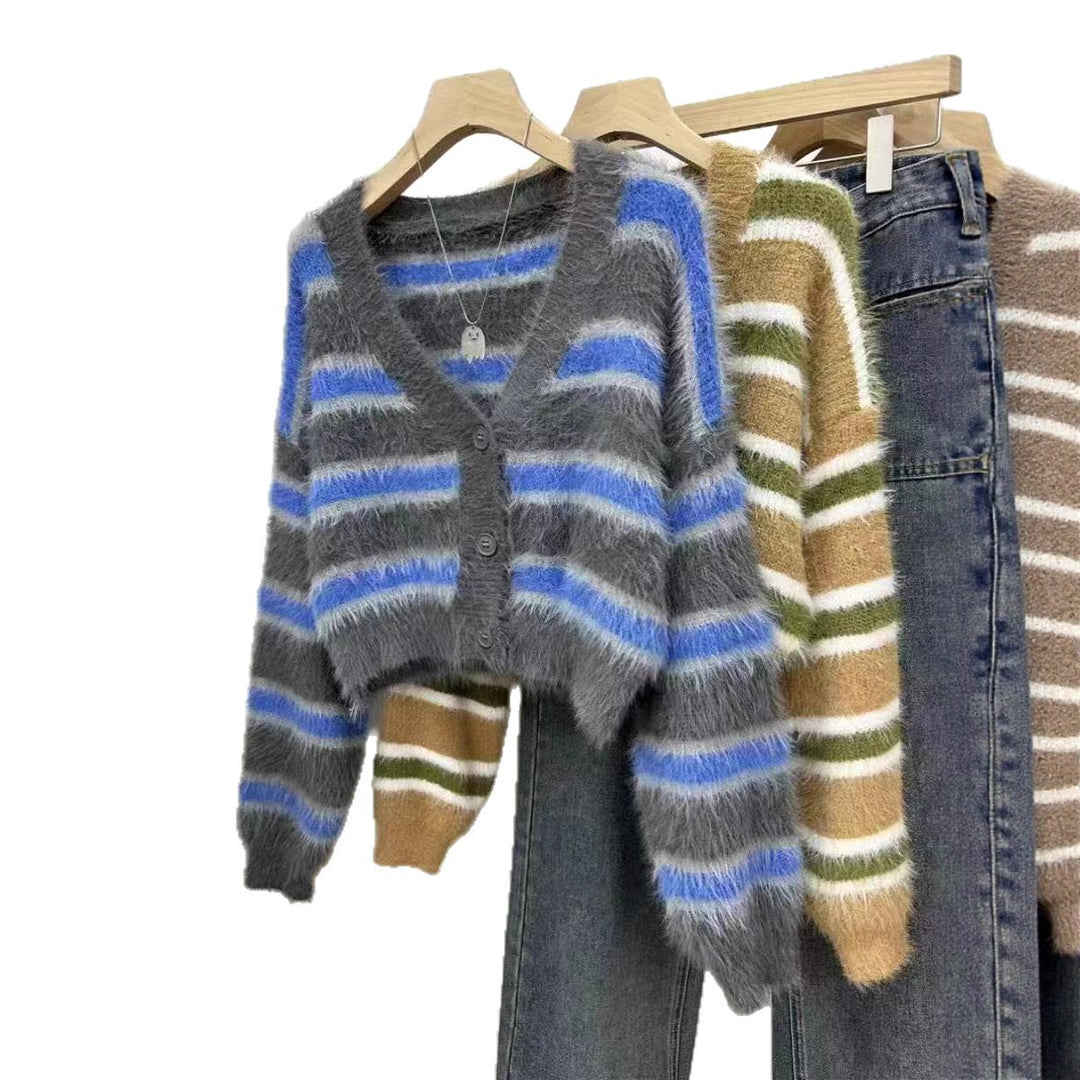 Damen lässiger Crop-Cardigan mit strukturiertem Streifenmuster und Knopfdetails EB