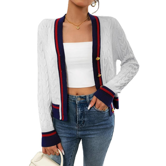 Damen modischer Kabelstrick-Cardigan mit zweifarbigem Abschluss EB