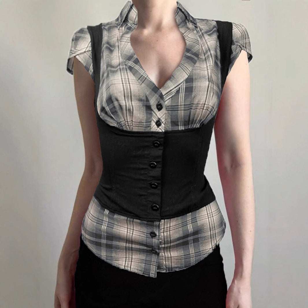 Damen karierte Bluse mit figurbetonendem Schnitt und stylishen Akzenten EB