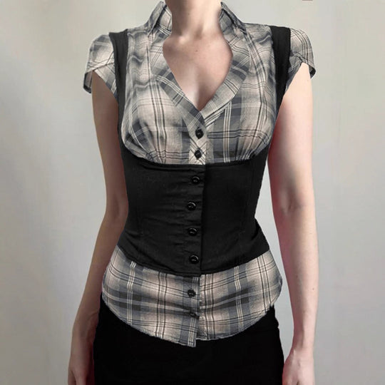 Damen karierte Bluse mit figurbetonendem Schnitt und stylishen Akzenten EB