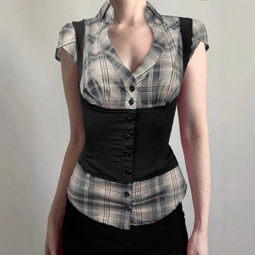 Damen karierte Bluse mit figurbetonendem Schnitt und stylishen Akzenten EB