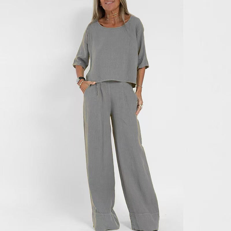 Damen luftiges Leinen-Ensemble mit weitem Schnitt und praktischen Taschen EB