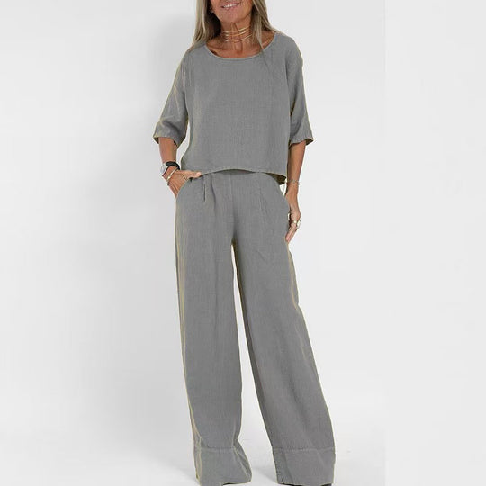 Damen luftiges Leinen-Ensemble mit weitem Schnitt und praktischen Taschen EB