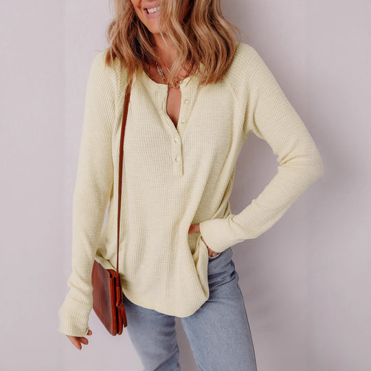 Damen lässiger Henley-Pullover aus strukturiertem Material EB