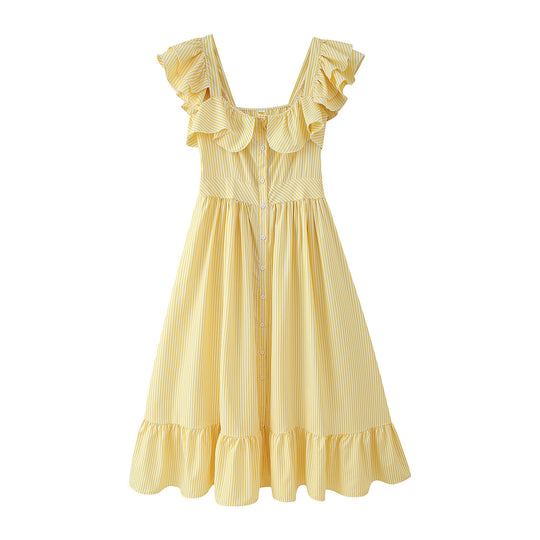 Damen Rüschensommerkleid mit Knopfdetails und weitem Rock EB