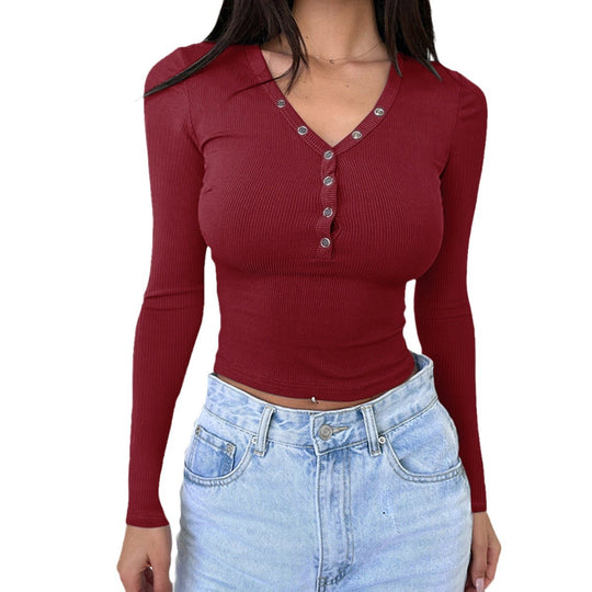 Damen nan tailliertes Ripp-Langarmshirt mit dekorativer Knopfleiste und Metallösen EB