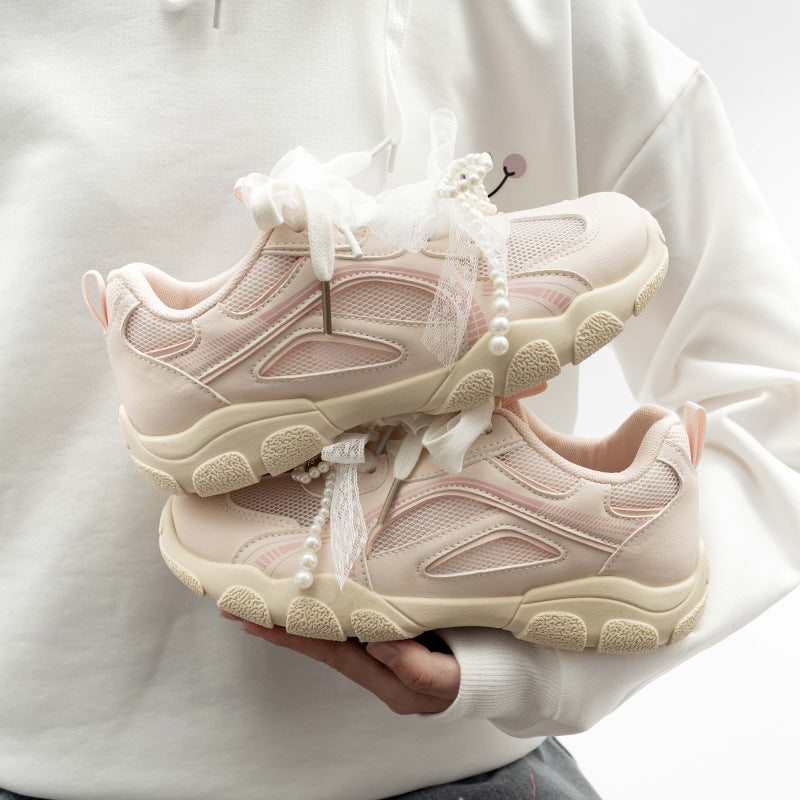 Damen Sportliche Sneakers mit dekorativen Perlenschnürsenkeln und atmungsaktiver Mesh-Oberfläche EB