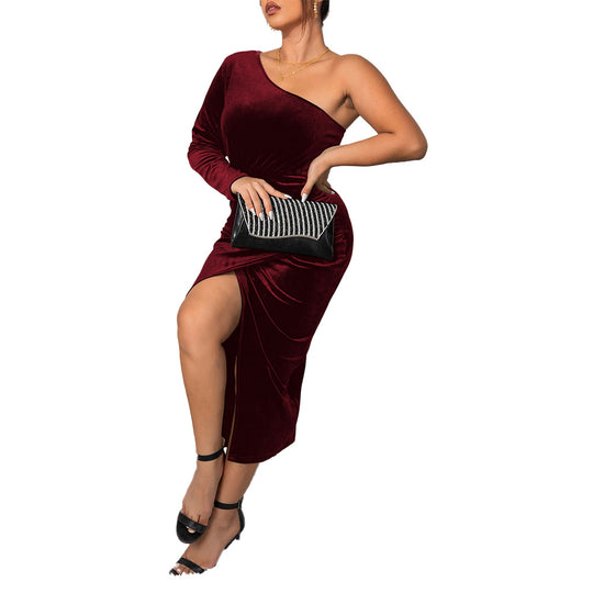 Damen Elegantes One-Shoulder Abendkleid mit Seitenschlitz und schimmerndem Samt EB