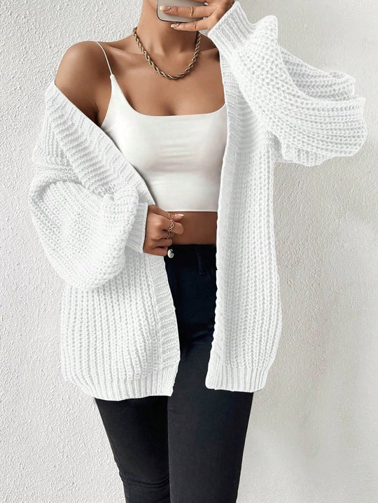 Damen nan Oversize-Strickcardigan mit grobem Waffelstrick, offener Front und voluminösen Ballonärmeln EB