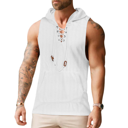 Herren nan ärmelloses Kapuzen-Sweatshirt mit Schnürkragen und Kängurutasche EB