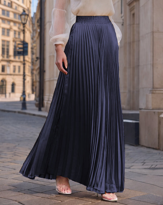 Damen nan Maxirock Plissee aus fließendem Satin mit elastischem Bund EB