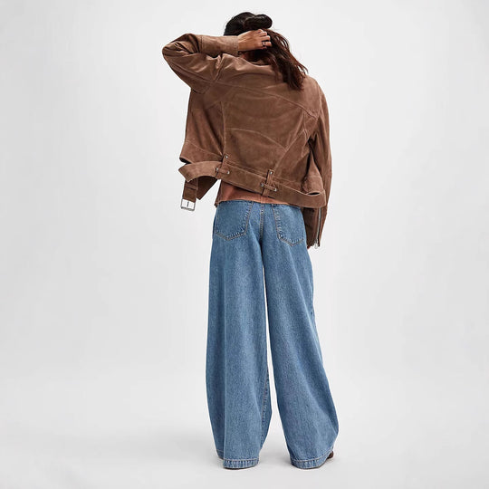 Damen nan hochgeschnittene Denim-Palazzohose mit markanten Bundfalten und extra weitem Bein EB
