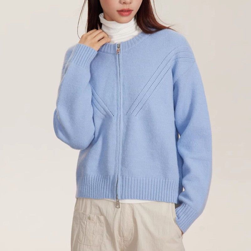 Damen kuschelige Strickjacke mit modernem Reißverschluss und feinem Strukturdesign EB