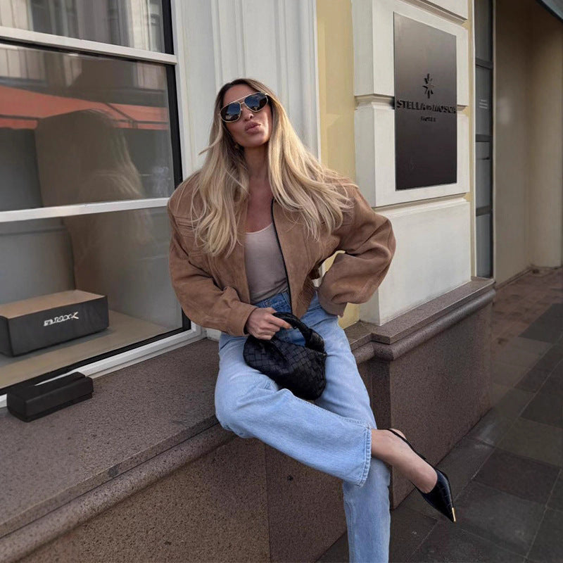 Damen Suede Übergangsjacke im lässigen Stil mit Ballonärmeln EB