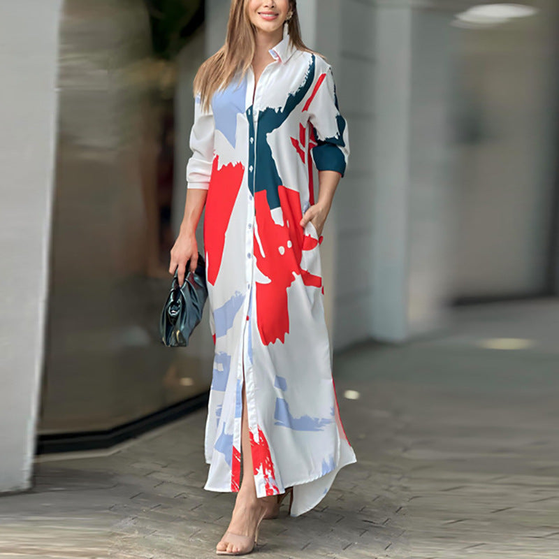 Damen lässiges Hemdblusenkleid mit buntem Grafikdruck und praktischen Taschen EB