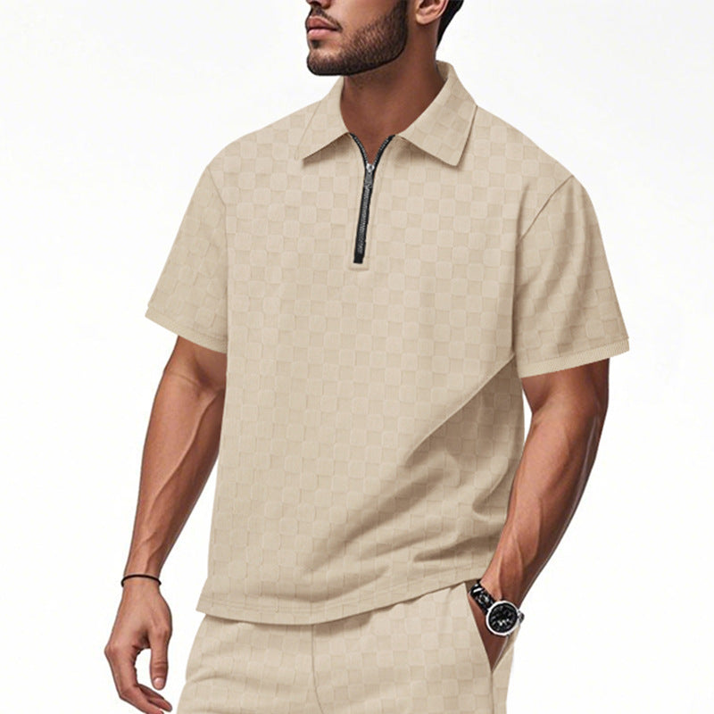 Herren Poloshirt mit halbem Reißverschluss und modernem Karomuster EB