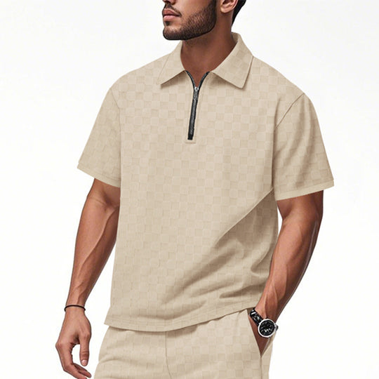 Herren Poloshirt mit halbem Reißverschluss und modernem Karomuster EB
