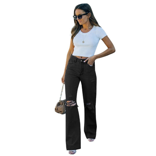 Damen Weit geschnittene Ripped Jeans mit hohem Bund und moderner Waschung EB