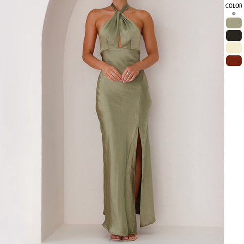 Damen Elegantes Wickelmaxikleid im Halterneck-Stil mit seitlichem Schlitz und Taillengürtel EB