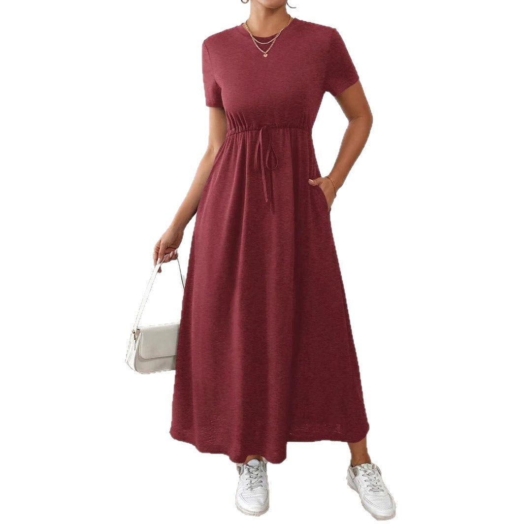 Damen lässiges Maxikleid mit elastischem Taillenbund und Rundhalsausschnitt EB