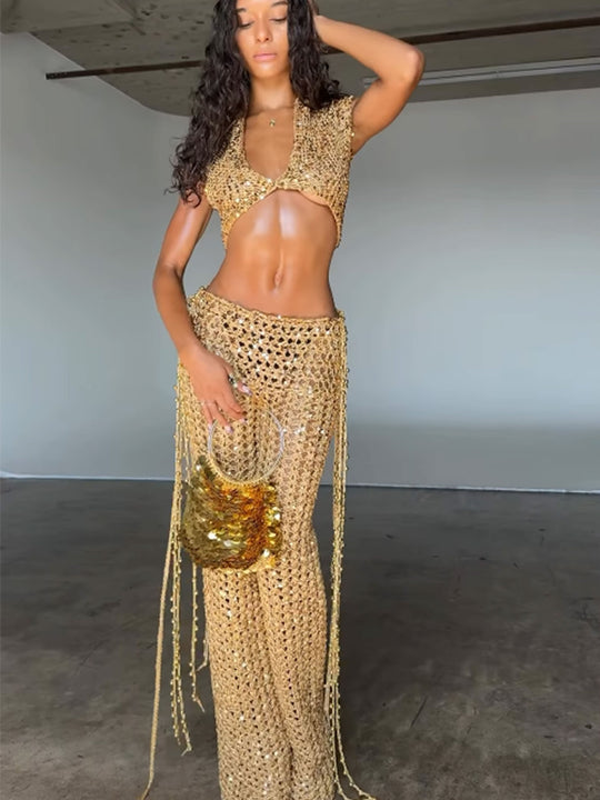 Damen Knöchellanges Glitzer-Overfit-Set mit funkelnden Details und fließendem Design EB