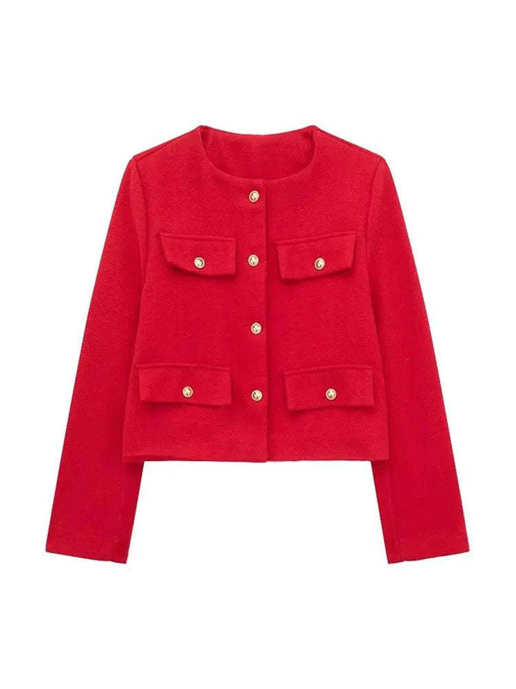 Damen Kurzjacke im Bouclé-Style mit Rundhalsausschnitt, Zierknöpfen und aufgesetzten Pattentaschen EB