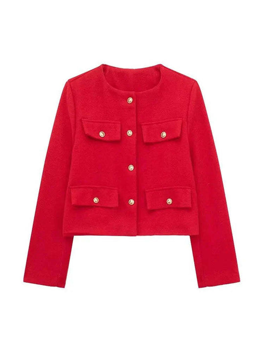 Damen Kurzjacke im Bouclé-Style mit Rundhalsausschnitt, Zierknöpfen und aufgesetzten Pattentaschen EB