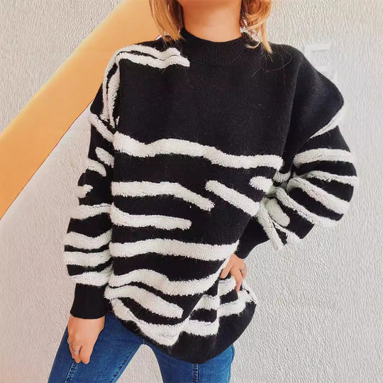 Damen lässiger Strickpullover mit modernem Zebrastreifenmuster EB