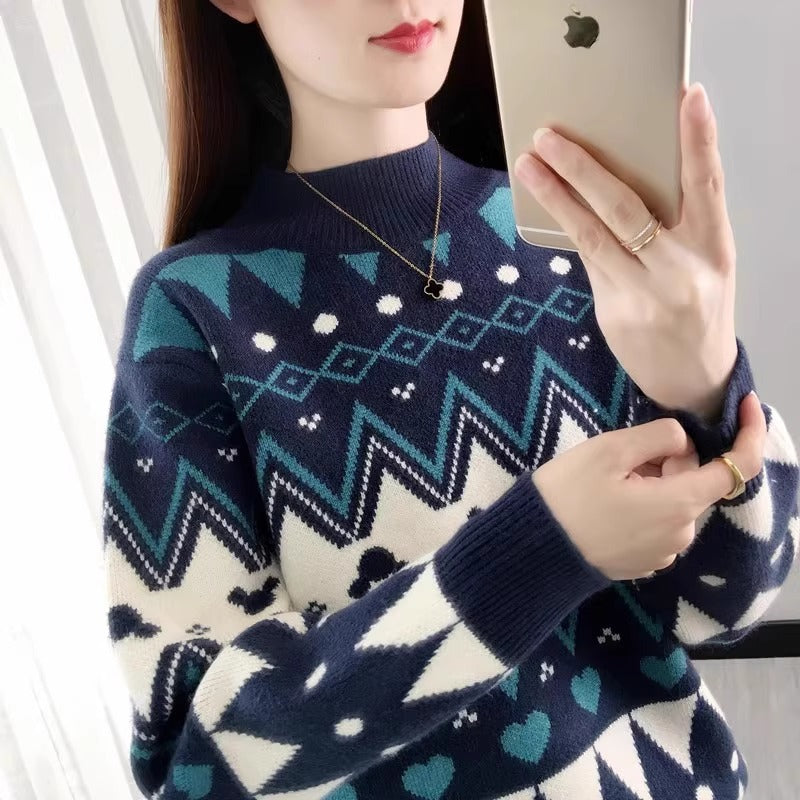 Damen festlicher Strickpullover im modernen Weihnachtsdesign mit geometrischem Muster und komfortablem Rundhalsausschnitt EB